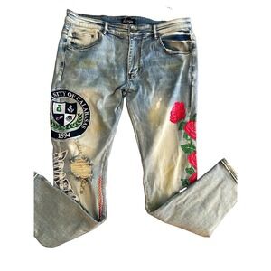 Sugarhill Men's Size 38 Calabasas Rose Embroidered Distressed Jeans Streetwear
